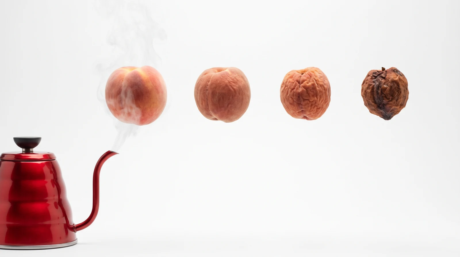 Chaleira liberando vapor e quatro frutas que diminuem progressivamente, ilustrando a redução gradual do tecido tratado no Rezūm